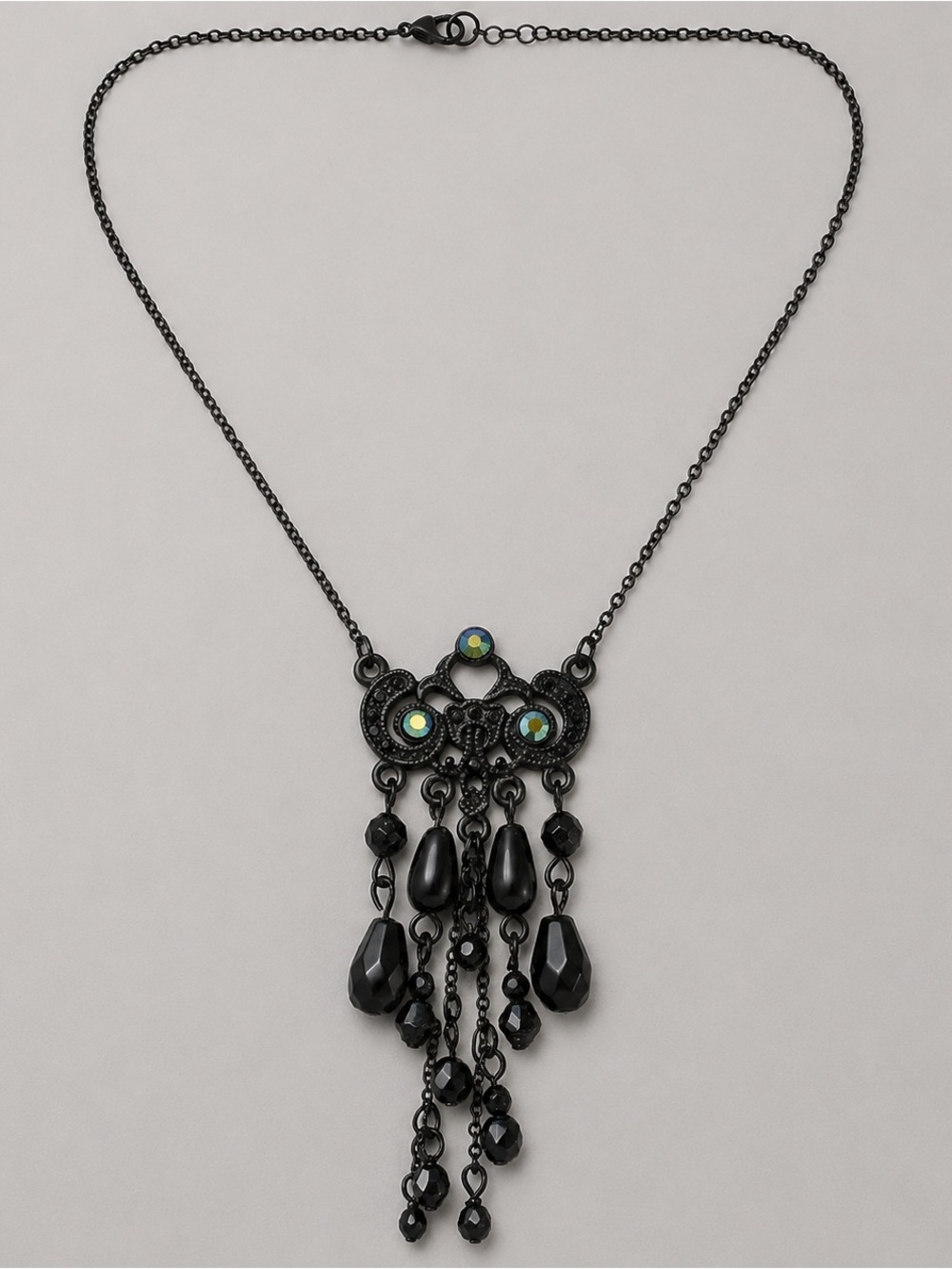 Black Chandelier Pendant Necklace Iridescent Rhinestones Gothic Statement Jewelr